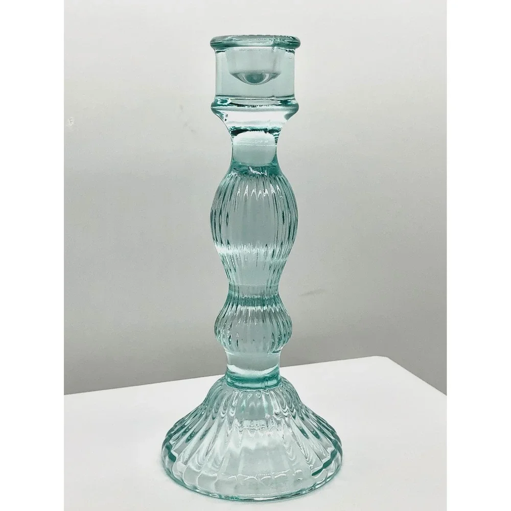 Aqua Blue Ribbed Glass Taper Candlestick Holder Vintage Style 9.75 Inch Coastal